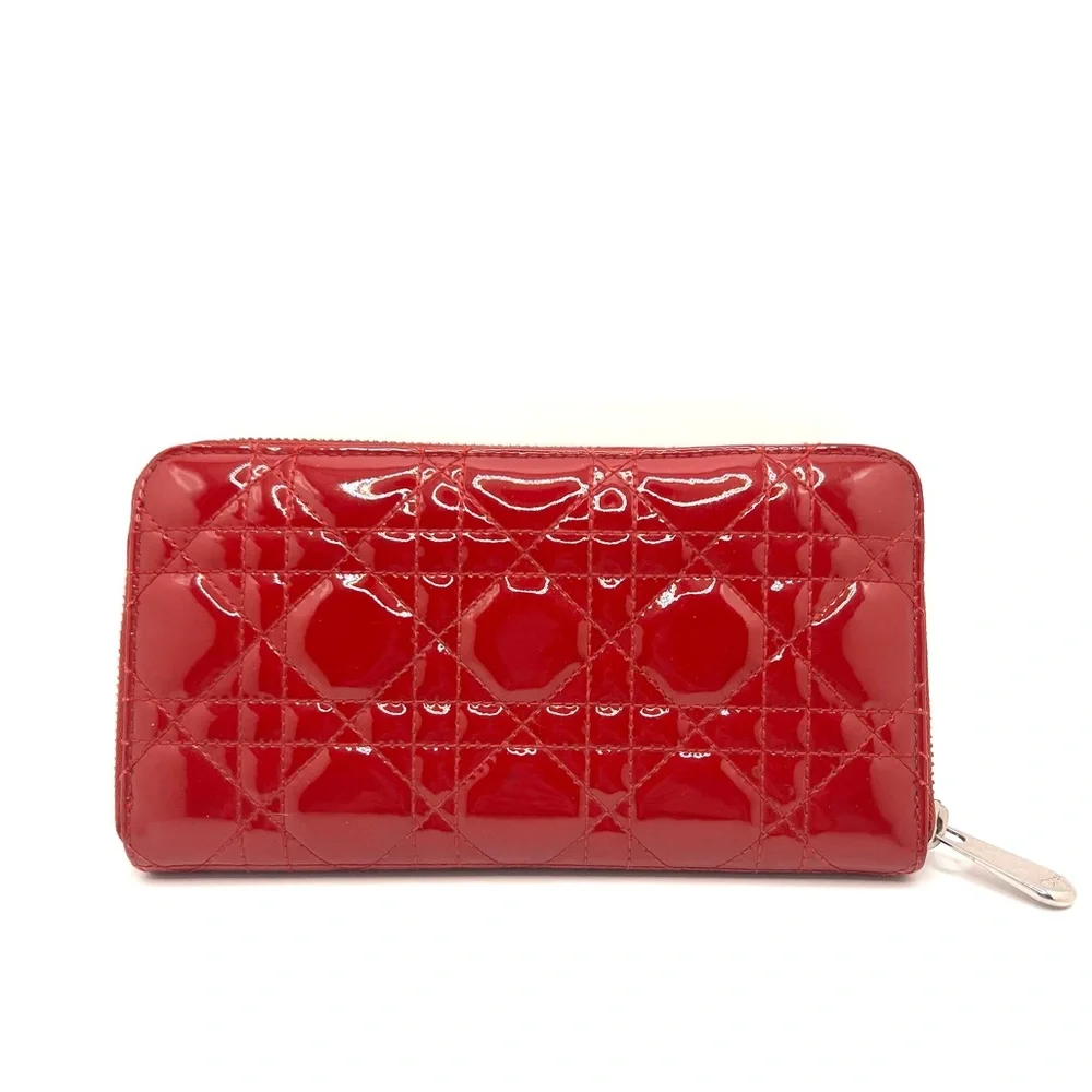 Authentic Christian Dior Cannage Red Patent Leather Zip Long Wallet